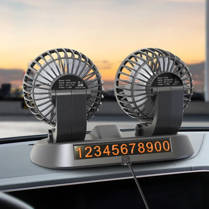 360° Adjustable Dual Head Car Cooling Fan | USB & Cigarette Lighter Compatible for Cars, Trucks & RVs