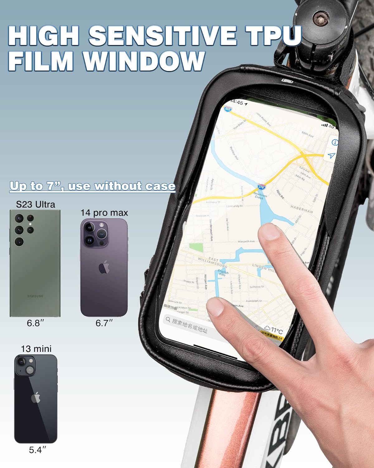Top Tube Bike Bag with Phone Case Holder | Waterproof, Easy to Install & Compatible with Phones Up to 6.5 Inches