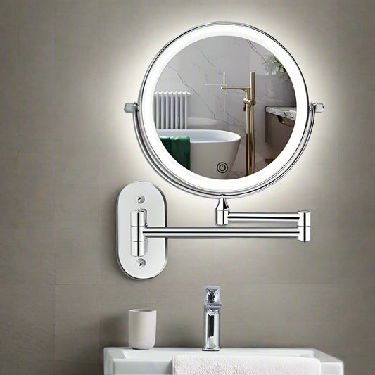 Rechargeable LED Magnifying Makeup Mirror in Chrome Silver Finish for Bathroom Use