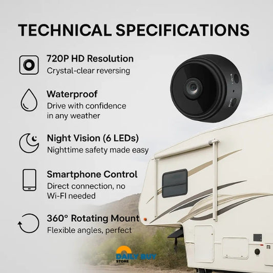 Wireless Waterproof Reverse Camera | 360° Rotatable Mount, Motion Detection & Ideal for Motorhomes, Trucks, and Trailers