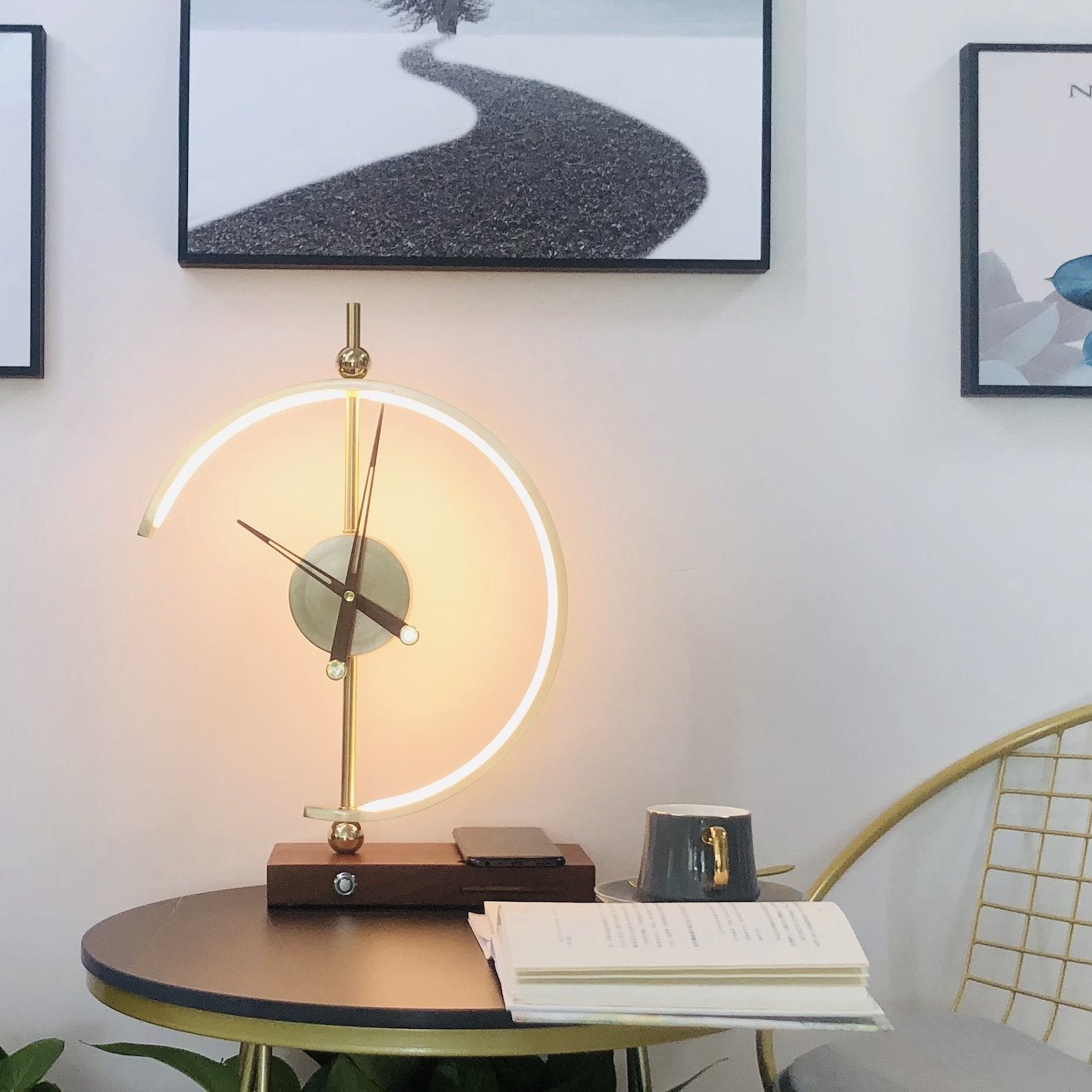LED Desk Lamp Clock with Wireless Charger - Modern Multifunctional Light for Home Office & Bedroom Use