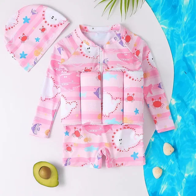 Kids Buoyancy Floating Swimsuit | Cartoon Print, Rash Guard Protection & Ideal for Swimming Lessons and Water Play