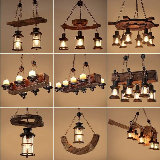 Wooden Decorative Chandelier - American Retro Industrial Style Lighting for Restaurants, Coffee Shops & Bar Counters
