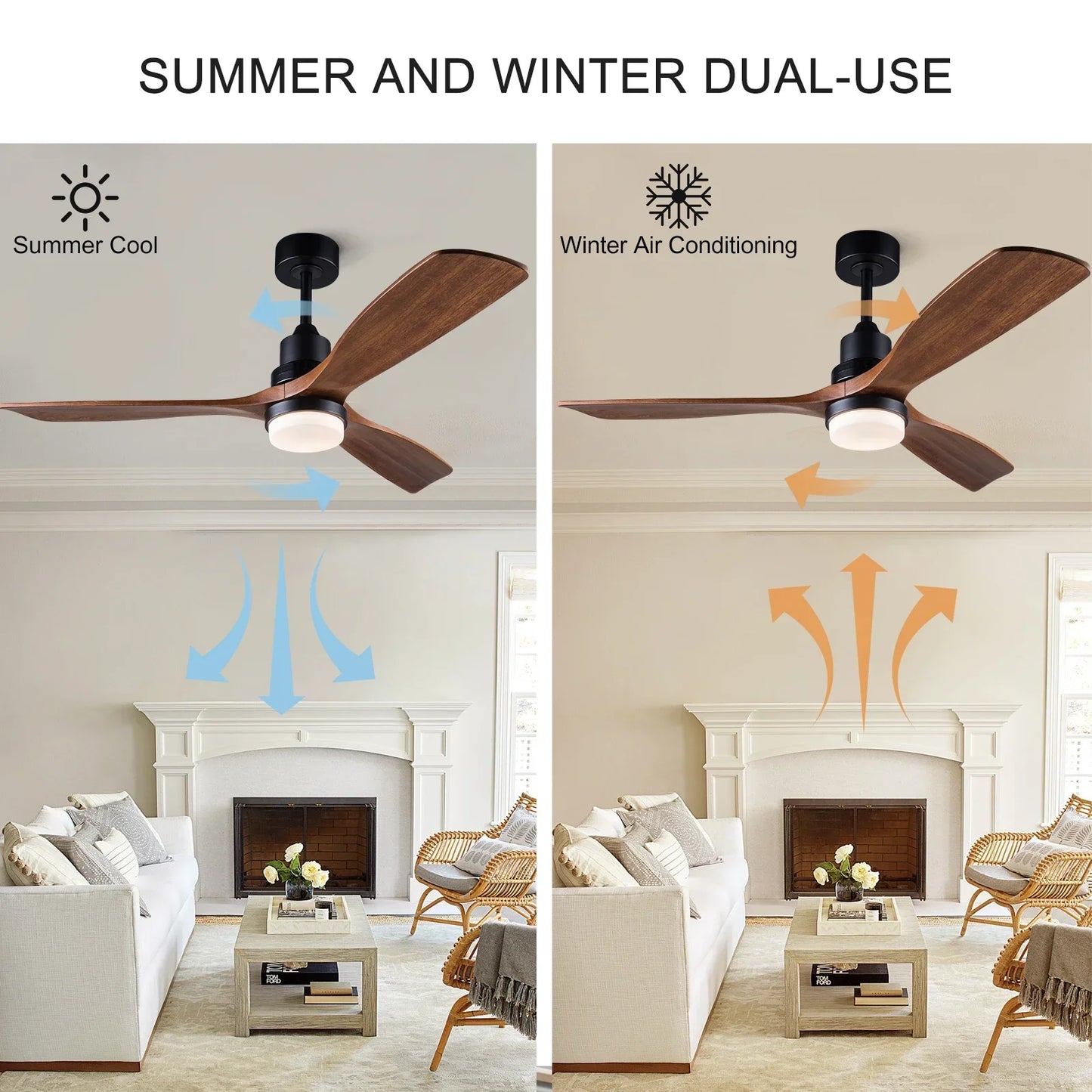 42/52 Inch Solid Wood Ceiling Fan with Remote Control and Light for Living Rooms, Bedrooms, Dining Rooms, and Studies