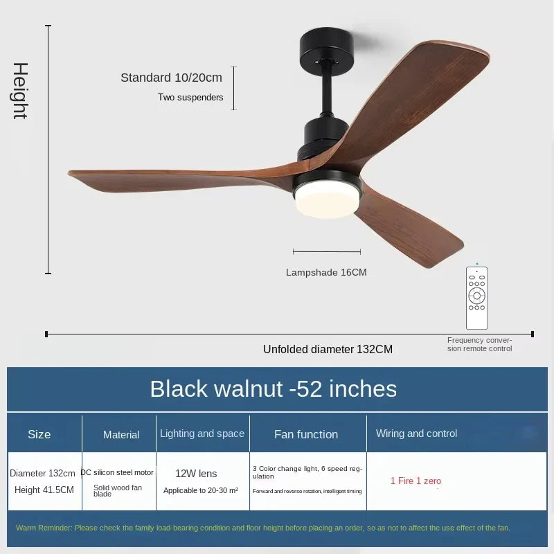 42/52 Inch Solid Wood Ceiling Fan with Remote Control and Light for Living Rooms, Bedrooms, Dining Rooms, and Studies