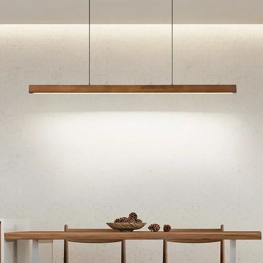 LED Pendant Light Fixture - Modern Wood Long Strip Chandelier for Dining Room, Kitchen & Living Room Lighting