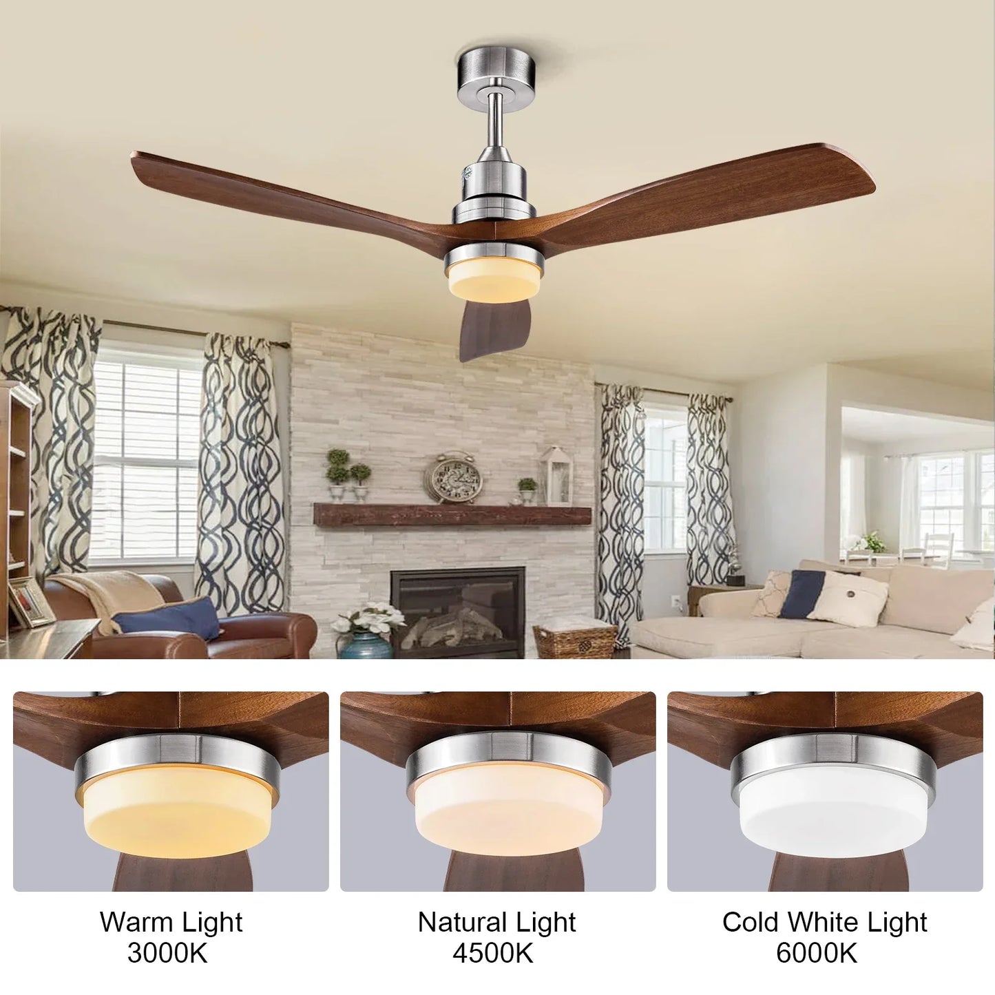 42/52 Inch Solid Wood Ceiling Fan with Remote Control and Light for Living Rooms, Bedrooms, Dining Rooms, and Studies