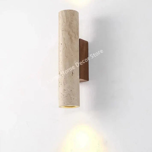 Wabi Sabi Yellow Travertine Wall Lamp – Vintage Stone & Wood Fixture for Bedroom, Nightstand, Living Room, Stairs & Home Décor