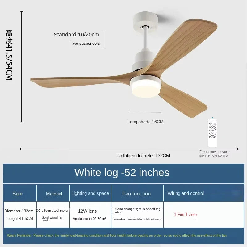 42/52 Inch Solid Wood Ceiling Fan with Remote Control and Light for Living Rooms, Bedrooms, Dining Rooms, and Studies