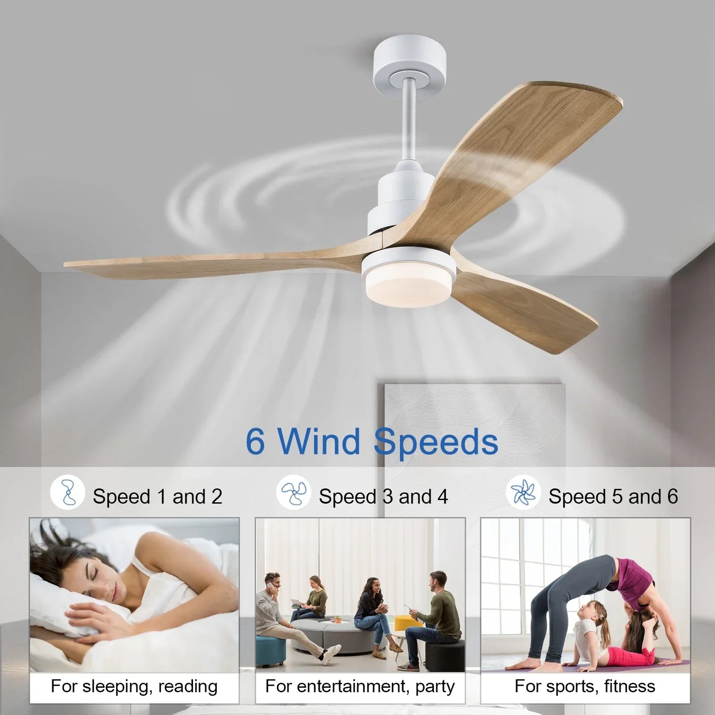 42/52 Inch Solid Wood Ceiling Fan with Remote Control and Light for Living Rooms, Bedrooms, Dining Rooms, and Studies