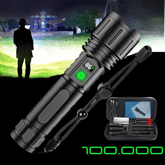 100,000 Lumens Tactical Flashlight | Waterproof, Rechargeable & Ideal for Outdoor Adventures and Emergency Situations