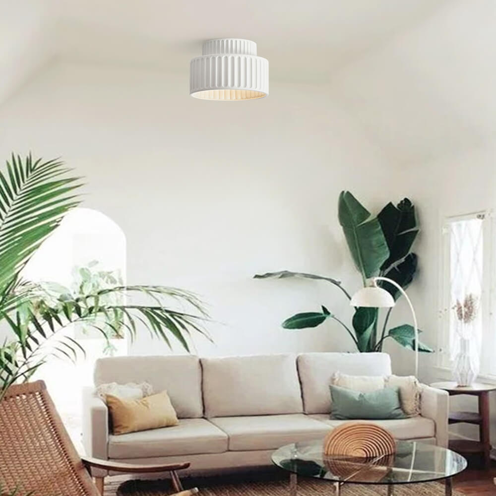 1-Light Vintage Drum Semi Flush Mount Ceiling Light in Cream for Living Room & Hallway