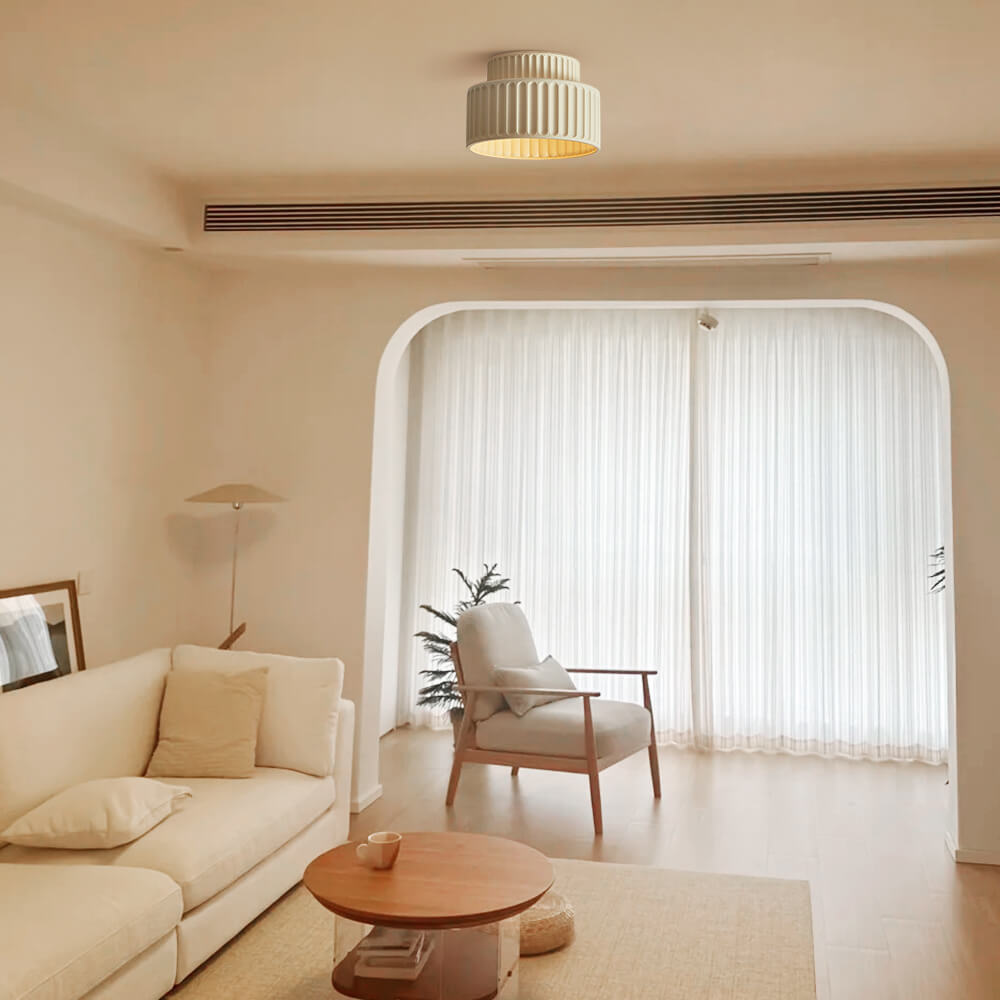 1-Light Vintage Drum Semi Flush Mount Ceiling Light in Cream for Living Room & Hallway