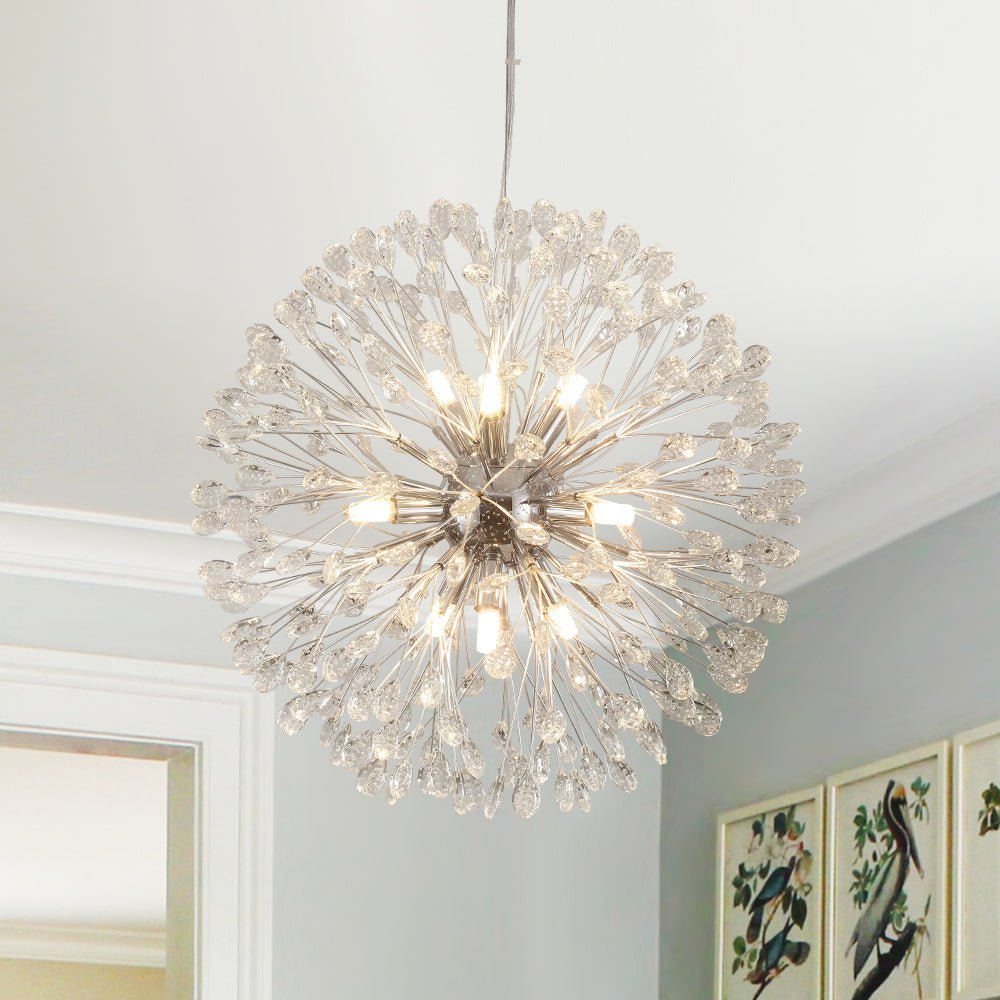 9-Light Floral Crystal Dandelion Chandelier - Round Firework Design for Living Room & Dining Room Lighting
