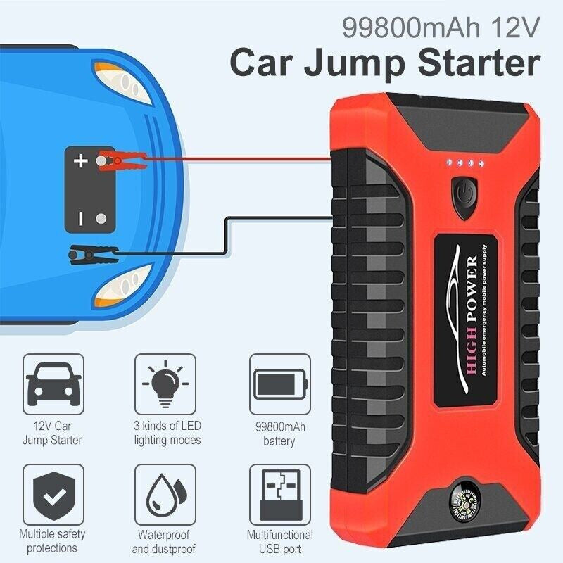99800mAh Portable Car Jump Starter | Waterproof, Fast Charging & Ideal for 12V Vehicles and Outdoor Use