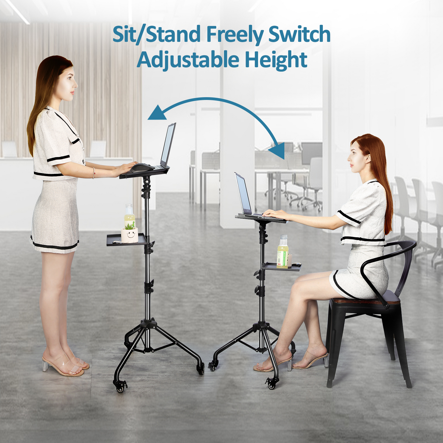 Adjustable Folding Laptop Table Stand | Ergonomic, Portable with 2 Trays & Detachable Wheels for Home Office & Study Use