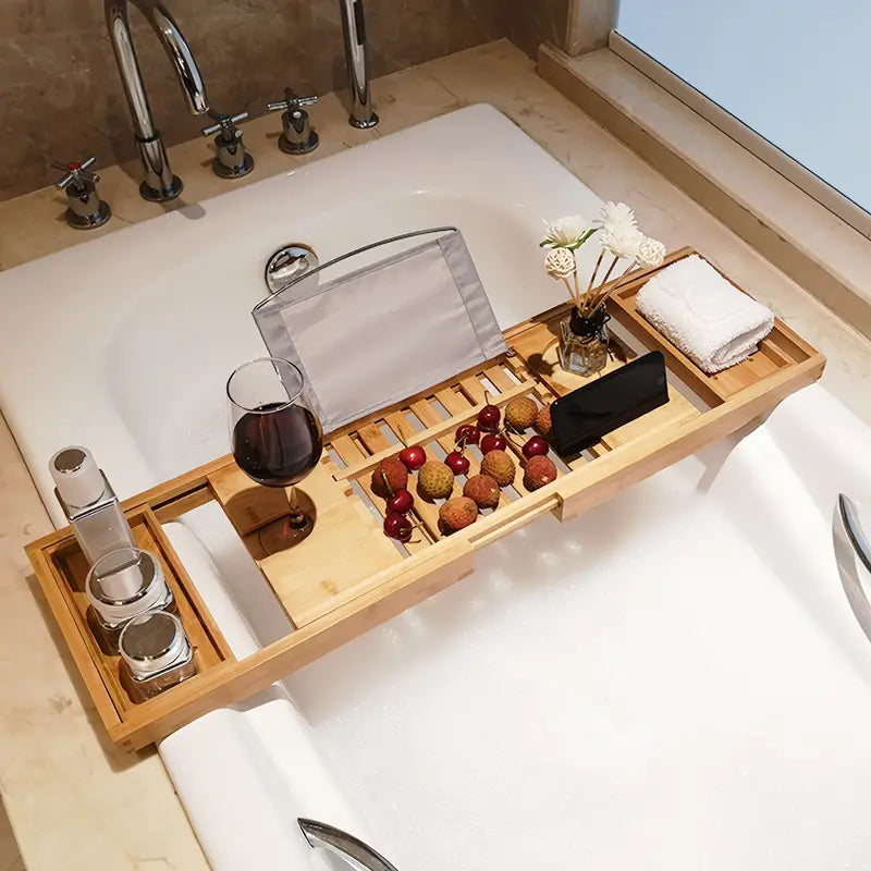 Wooden Bath Shelf and Bamboo Bath Tray Combo: Versatile Bath Caddie and Rack for Extra Tub Comfort