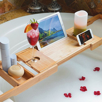 Wooden Bath Shelf and Bamboo Bath Tray Combo: Versatile Bath Caddie and Rack for Extra Tub Comfort