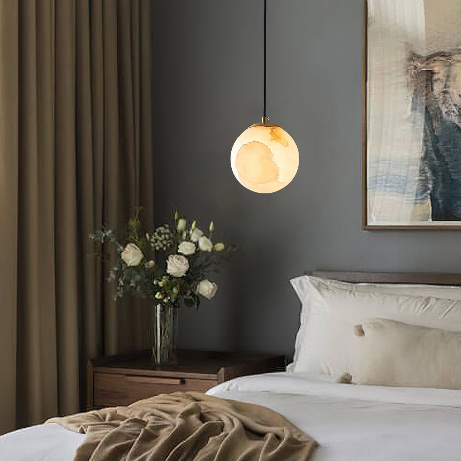 Alabaster Globe Pendant Light Fixture - Modern Hanging Ceiling Lamp for Kitchen, Dining Room & Entryway