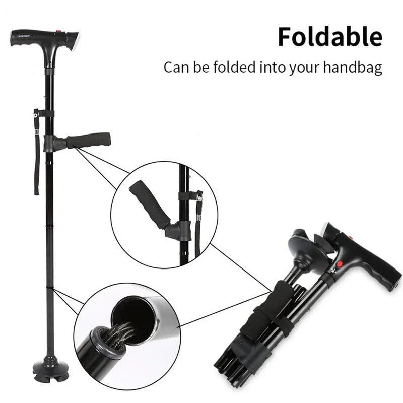 Foldable Walking Cane with LED Light | Lightweight, Slip-Resistant Base & Ideal for Seniors and On-the-Go Support