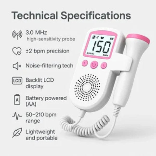 Fetal Doppler Heartbeat Monitor | High-Sensitivity Probe & Clear LCD Display for Expecting Parents