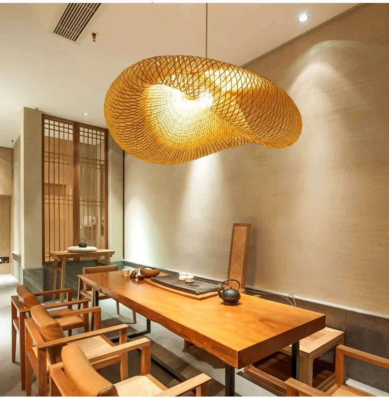 Handwoven Bamboo Pendant Light Fixture - Eco-Friendly Lighting for Living Room & Dining Areas