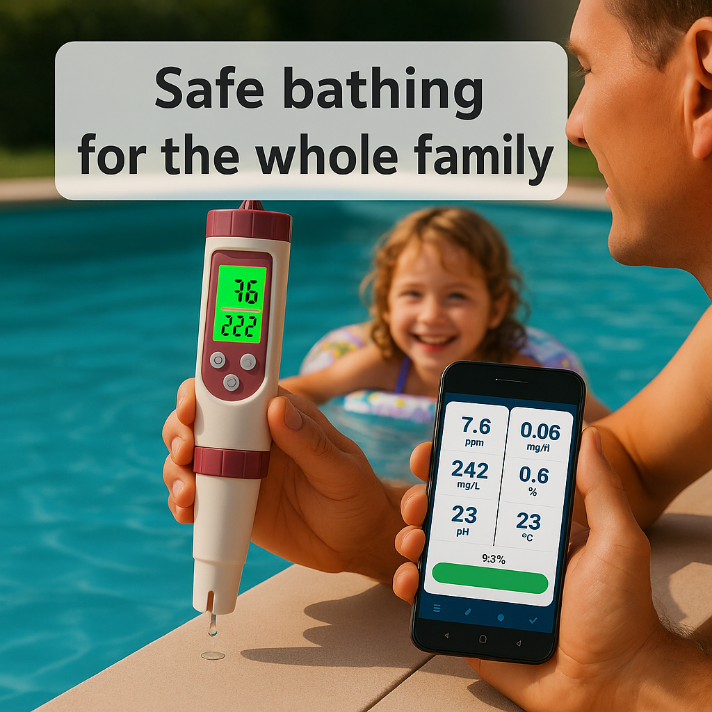 Digital Pool Water Tester | 7-in-1 pH, Chlorine, Temperature & Real-Time Monitoring for Accurate Water Quality Management