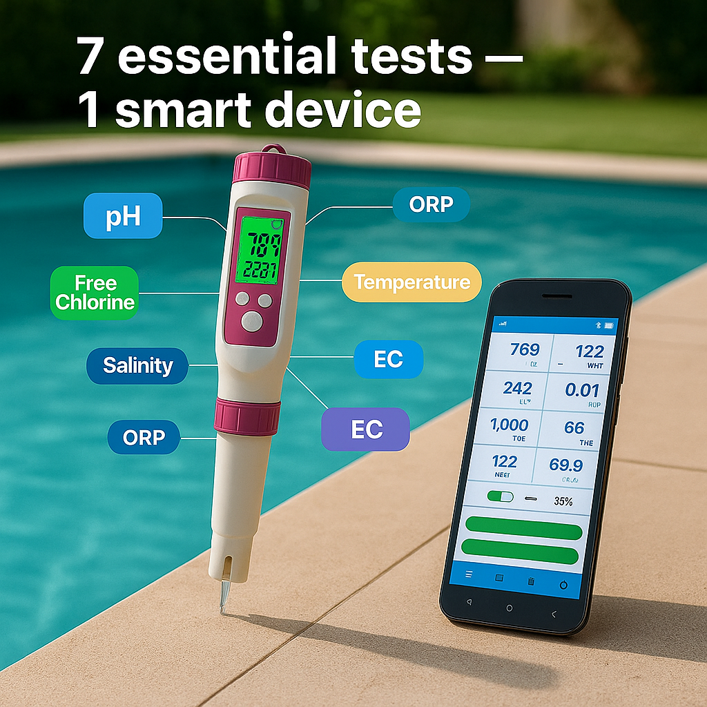 Digital Pool Water Tester | 7-in-1 pH, Chlorine, Temperature & Real-Time Monitoring for Accurate Water Quality Management