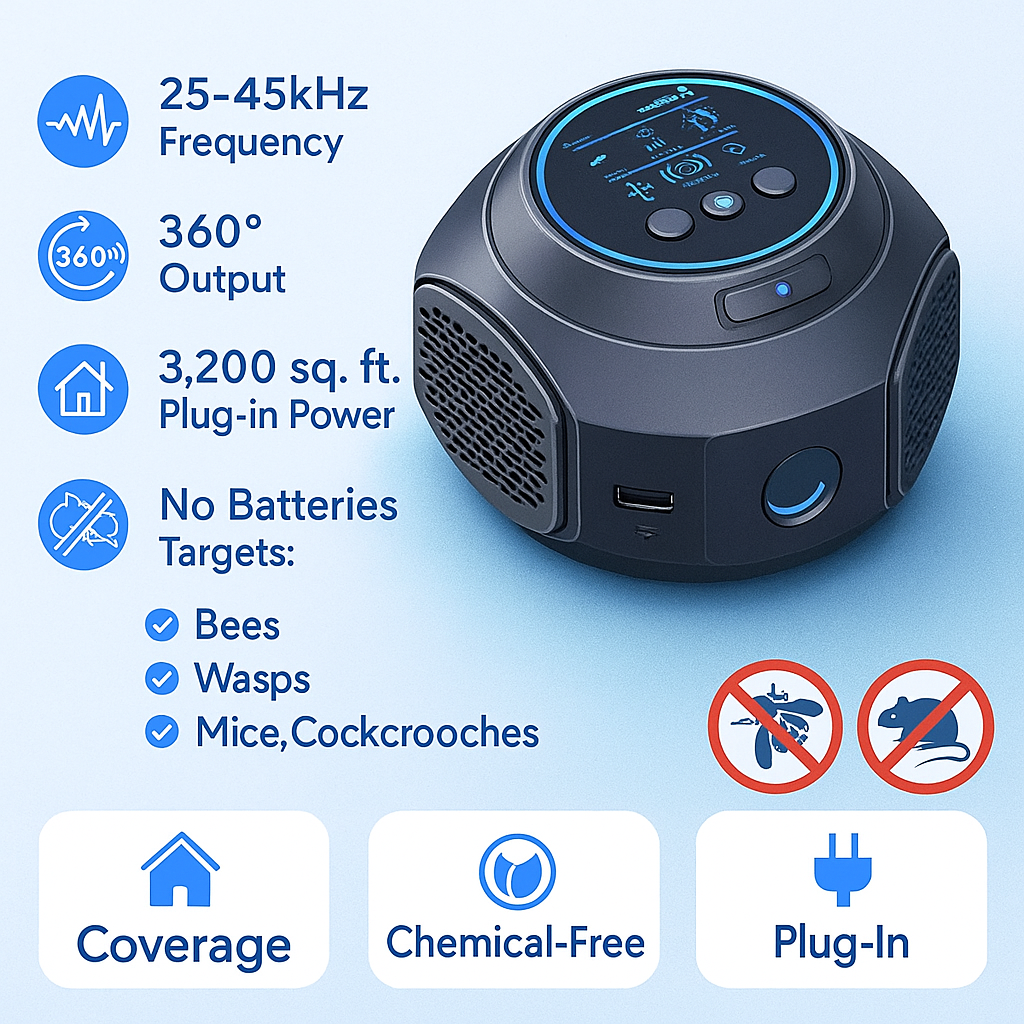 Ultrasonic Bee & Wasp Repellent Device | 360° Coverage, Chemical-Free & Safe for Homes with Kids and Pets