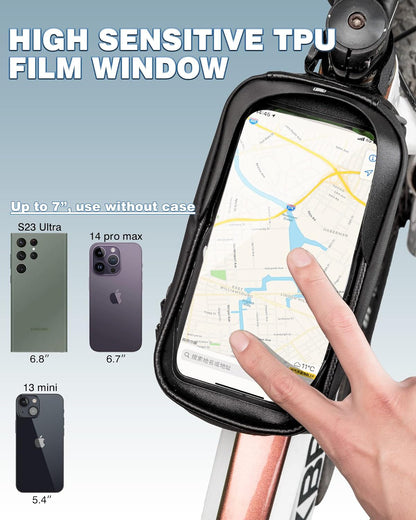 Top Tube Bike Bag with Phone Case Holder | Waterproof, Easy to Install & Compatible with Phones Up to 6.5 Inches