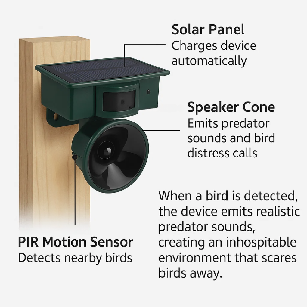 Motion Sensor Bird Deterrent | Eco-Friendly Pigeon Repeller with Sound Scarer for Gardens & Outdoor Spaces