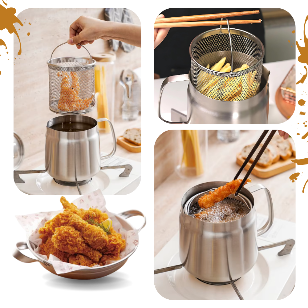2-in-1 Stainless Steel Deep Frying Pot | Heat-Resistant Handle & Easy Oil Straining for Home Cooking
