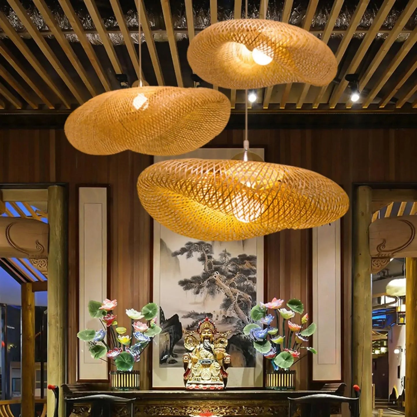 Handwoven Bamboo Pendant Light Fixture - Eco-Friendly Lighting for Living Room & Dining Areas