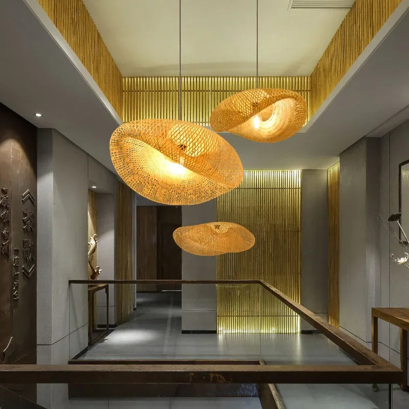 Handwoven Bamboo Pendant Light Fixture - Eco-Friendly Lighting for Living Room & Dining Areas