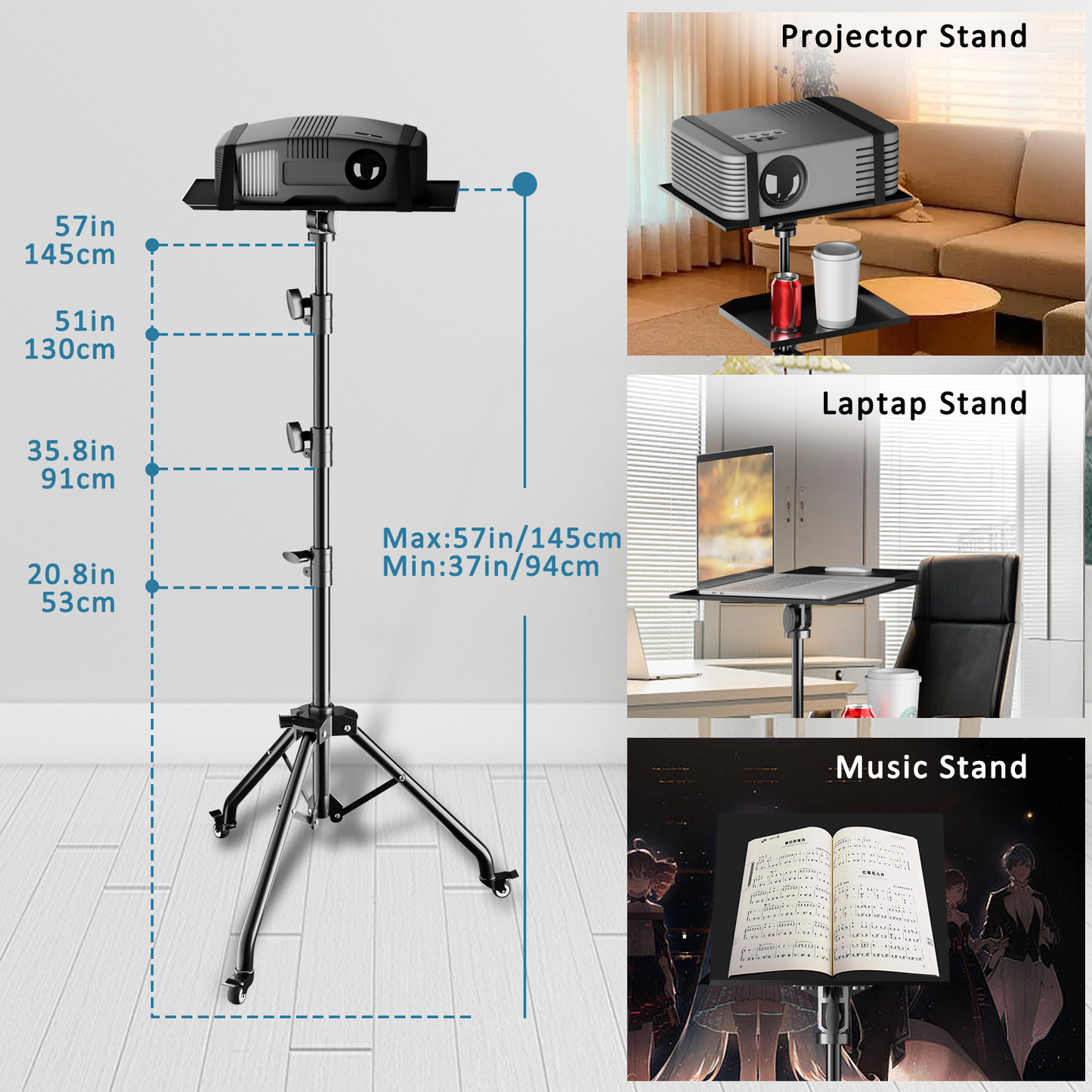 Adjustable Folding Laptop Table Stand | Ergonomic, Portable with 2 Trays & Detachable Wheels for Home Office & Study Use