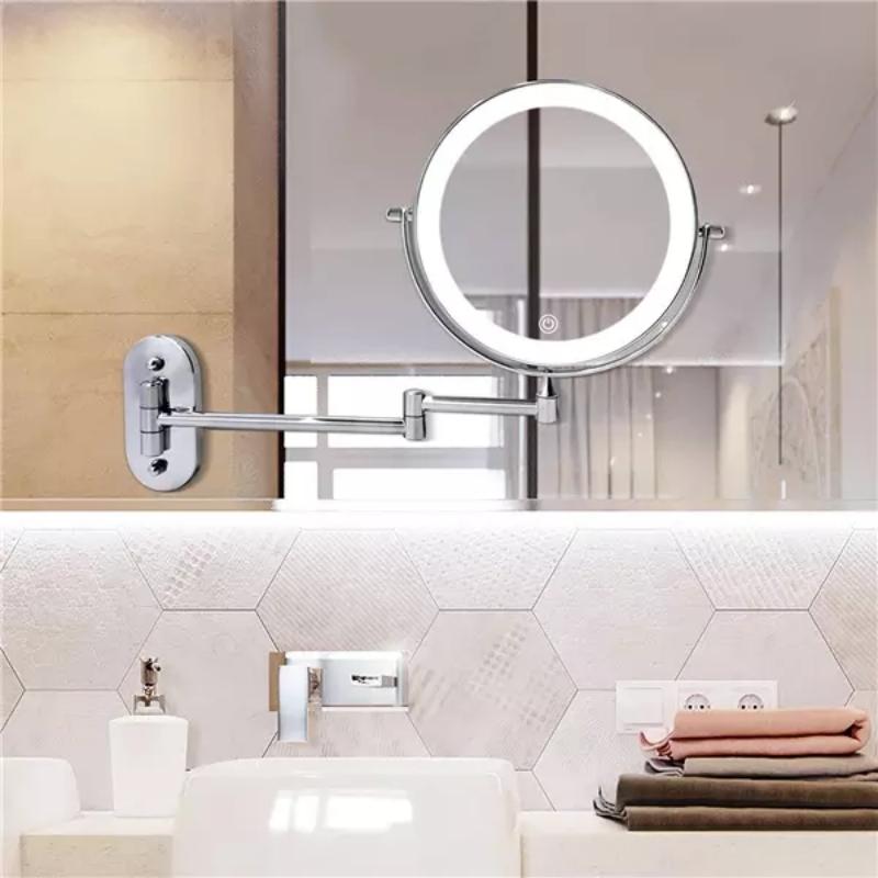 Rechargeable LED Magnifying Makeup Mirror in Chrome Silver Finish for Bathroom Use