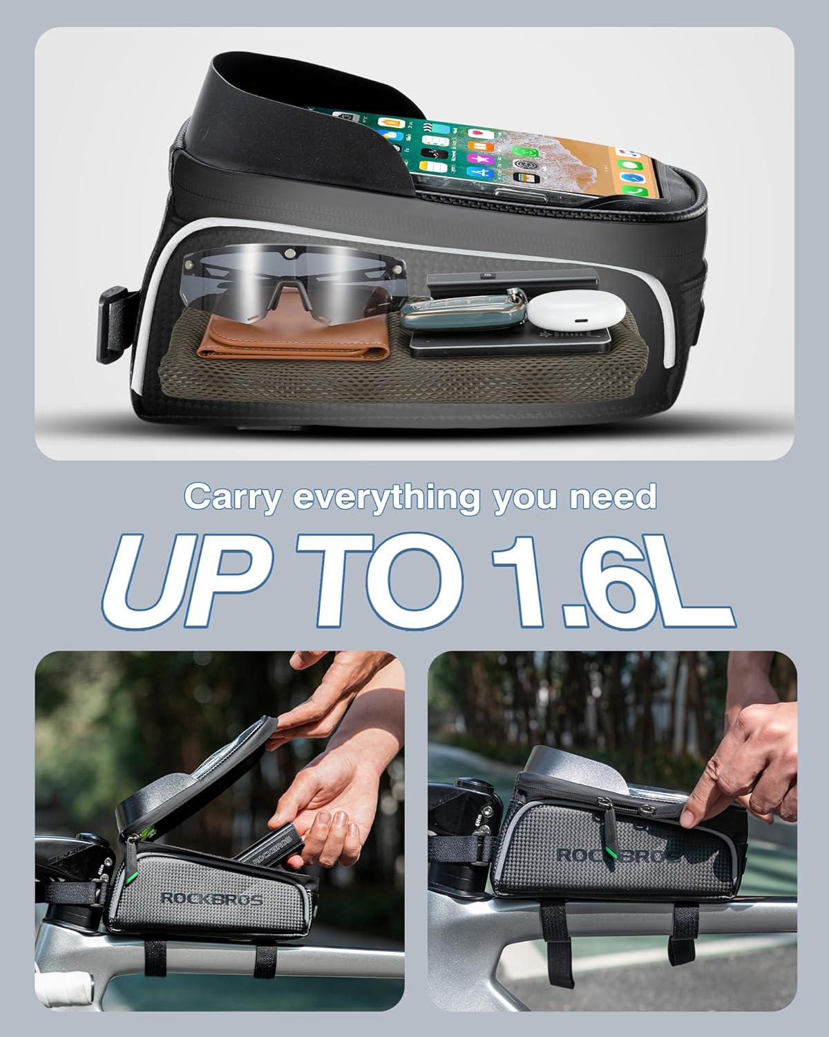 Top Tube Bike Bag with Phone Case Holder | Waterproof, Easy to Install & Compatible with Phones Up to 6.5 Inches