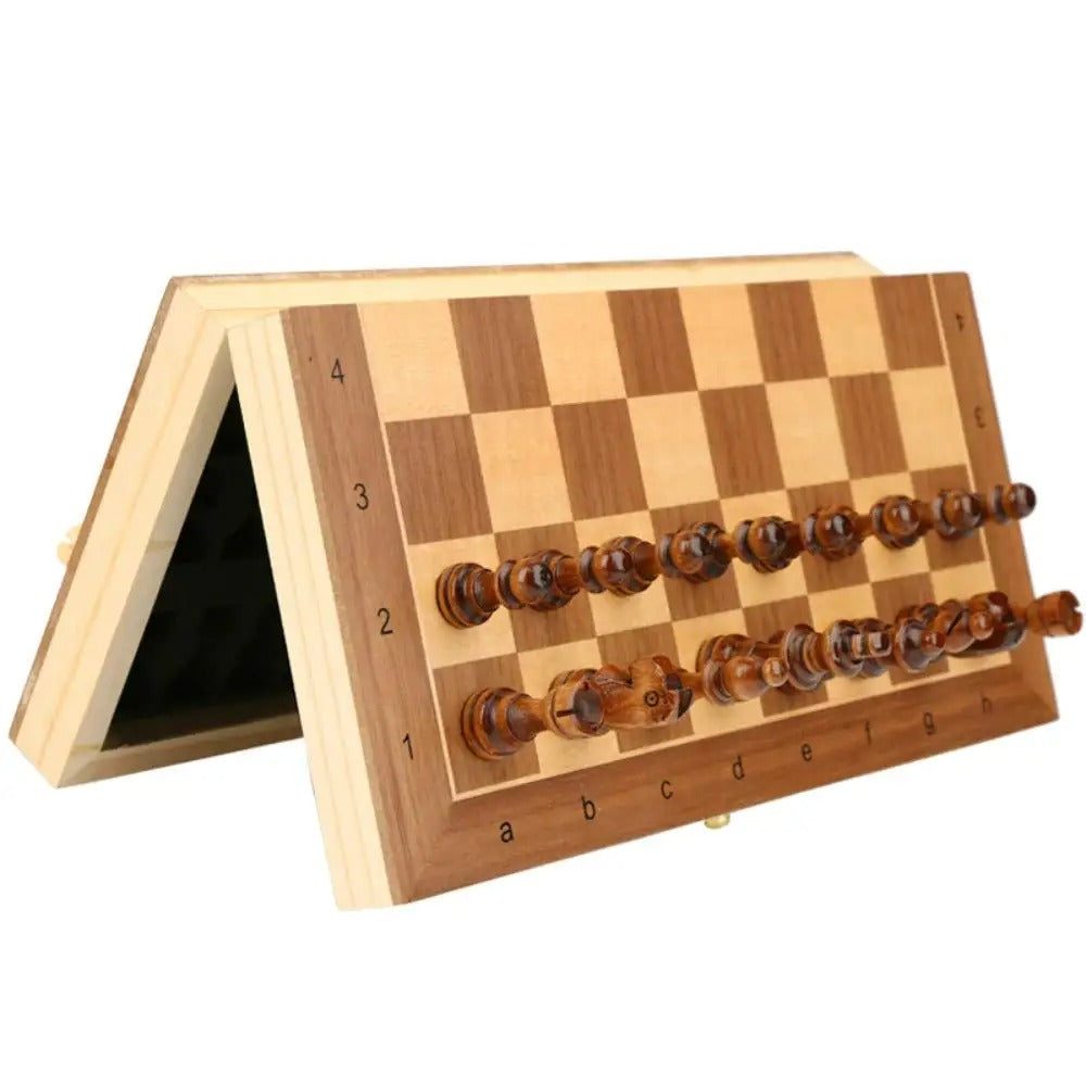 Wooden Folding Chess Set with Magnetic Pieces - Portable Travel Game for Kids & Adults