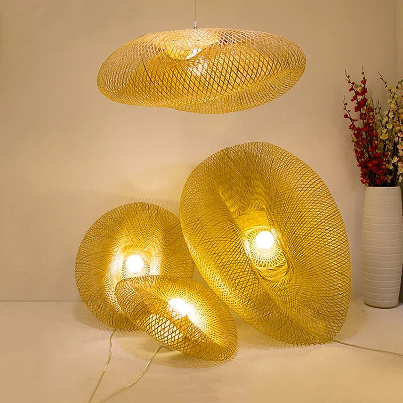 Handwoven Bamboo Pendant Light Fixture - Eco-Friendly Lighting for Living Room & Dining Areas