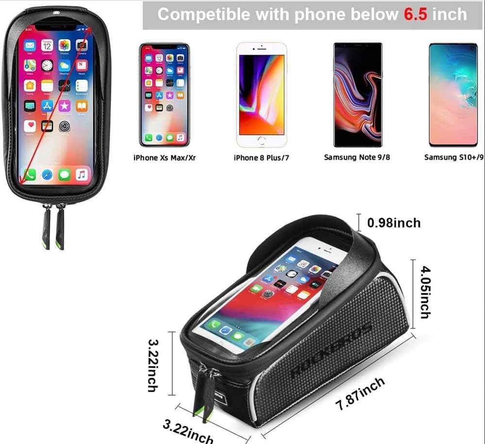 Top Tube Bike Bag with Phone Case Holder | Waterproof, Easy to Install & Compatible with Phones Up to 6.5 Inches
