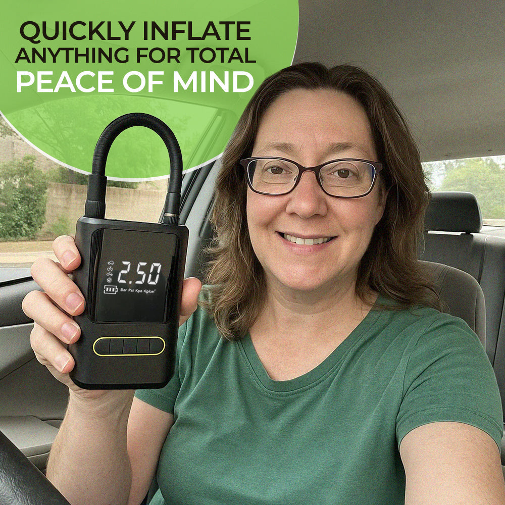 Portable Tyre Inflator with Built-in Power Bank | 150 PSI, LED Light & 4 Nozzles for Cars, Bikes & Sports Equipment