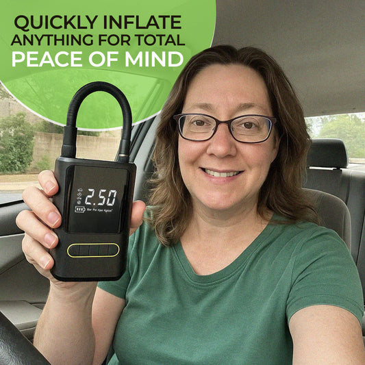 Portable Tyre Inflator with Built-in Power Bank | 150 PSI, LED Light & 4 Nozzles for Cars, Bikes & Sports Equipment