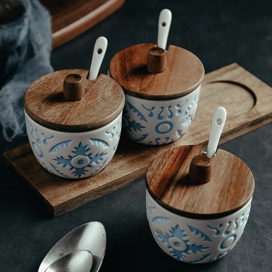 Provence Ceramic Spice Jar Set with Lids - Kitchen Storage Containers for Seasoning & Herbs