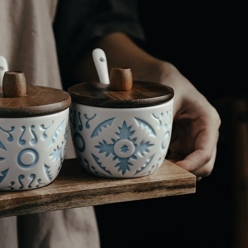 Provence Ceramic Spice Jar Set with Lids - Kitchen Storage Containers for Seasoning & Herbs