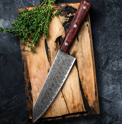 Pro Chef Santoku Knife – VG10 Damascus Steel Blade with Ergonomic Pakka Wood Handle for Precision Cutting