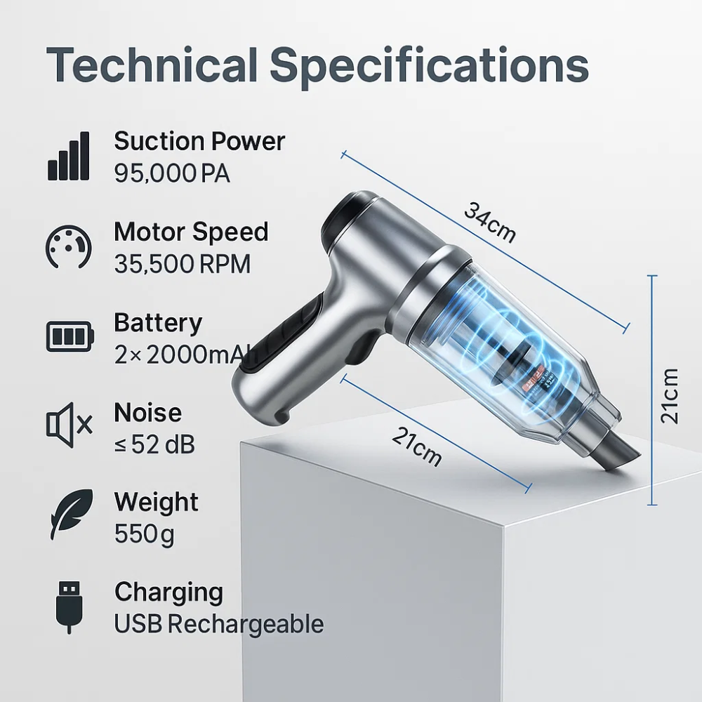 Handheld Car Vacuum Cleaner | Powerful Suction, Slim Design & Ideal for Quick Cleanups in Tight Spaces