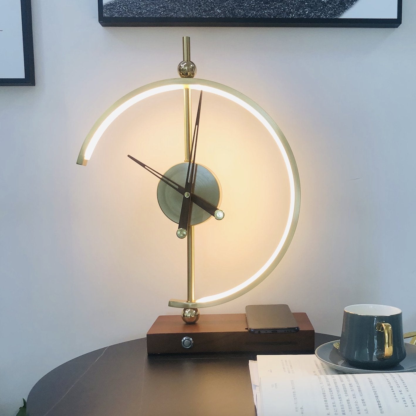 LED Desk Lamp Clock with Wireless Charger - Modern Multifunctional Light for Home Office & Bedroom Use