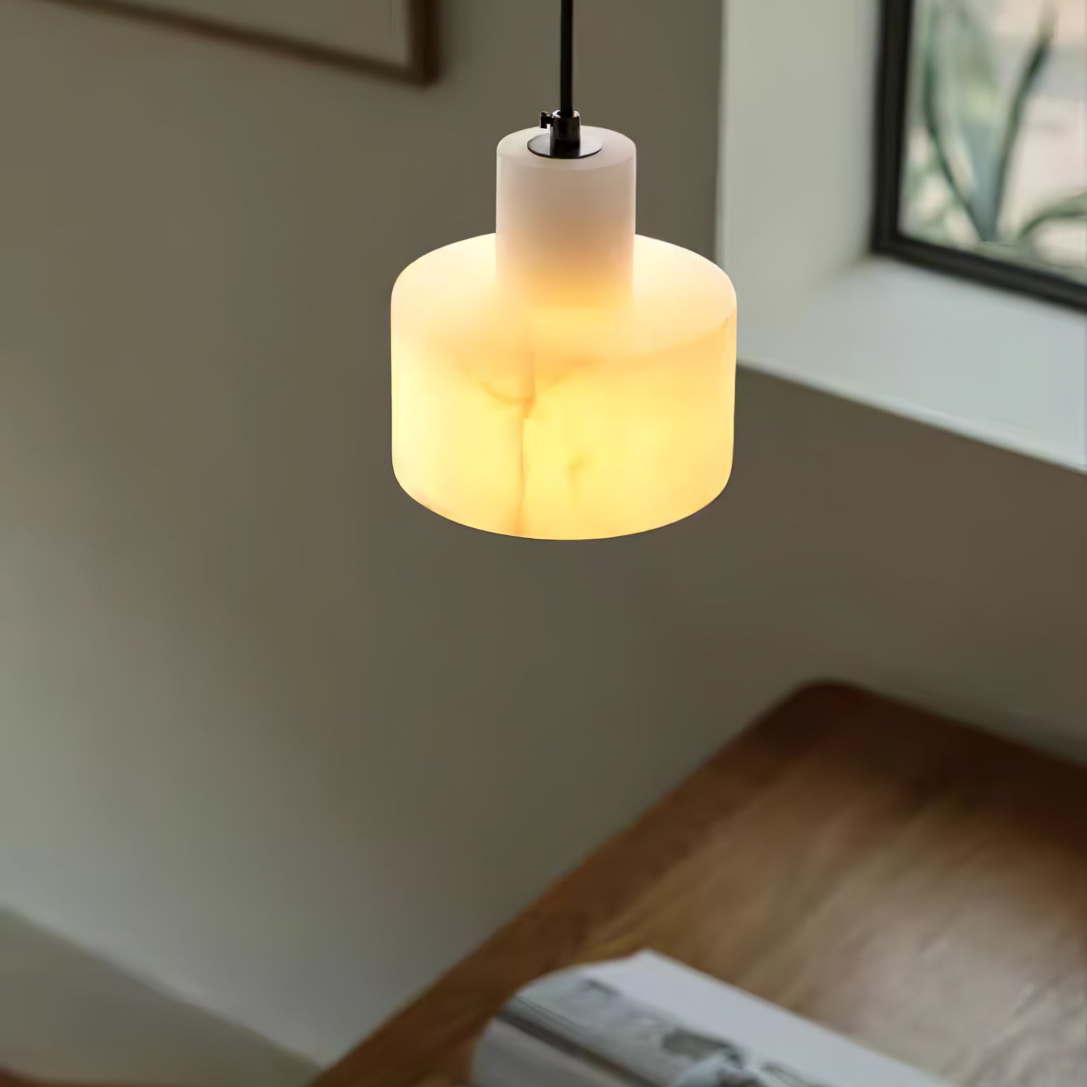 Cylindrical Alabaster Pendant Light Fixture for Dining Room & Kitchen Lighting