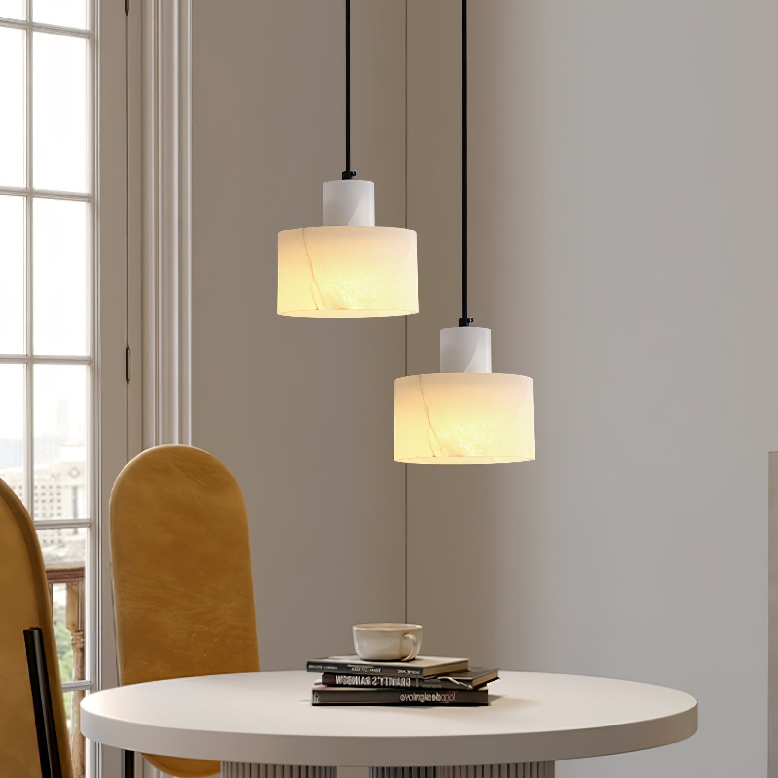 Cylindrical Alabaster Pendant Light Fixture for Dining Room & Kitchen Lighting