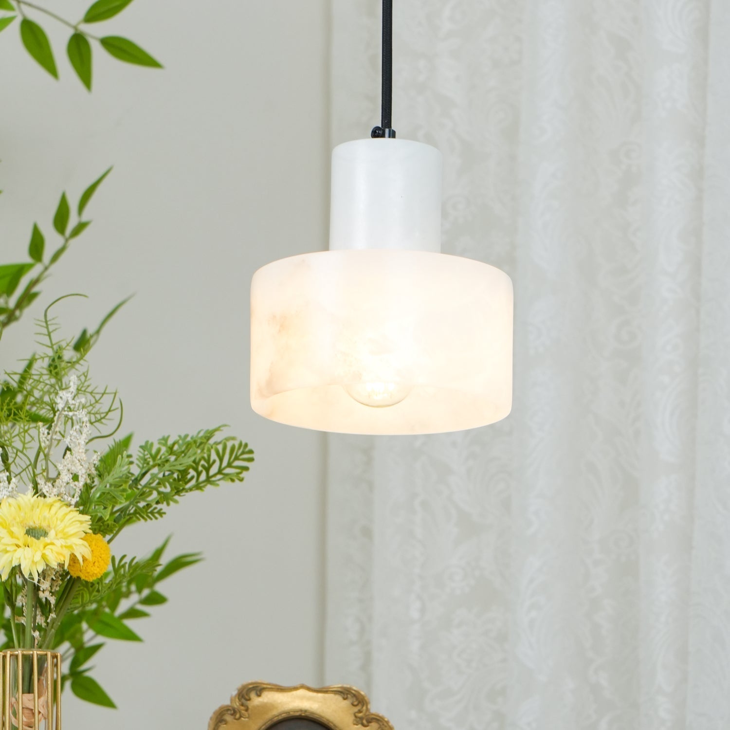 Cylindrical Alabaster Pendant Light Fixture for Dining Room & Kitchen Lighting